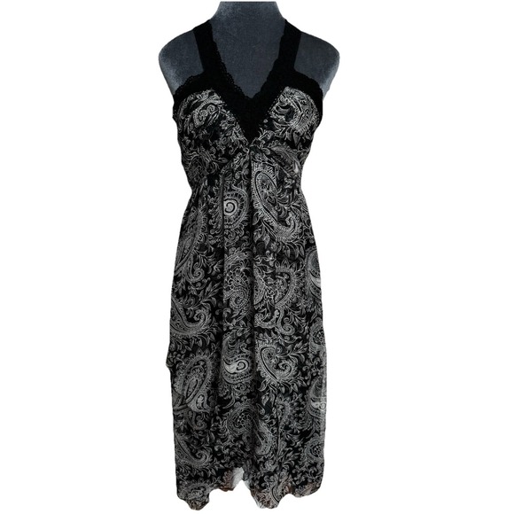 Vintage 90's Silk Paisley Maxi Dress 6 Boho Hippie Dark Fairy Whimsigoth Black - Picture 1 of 16